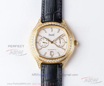 UF Factory Piaget Black Tie Baguette Diamond All Gold Case Black Leather Strap 42 MM 9100 Watch